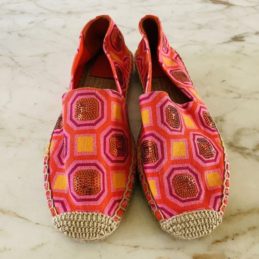TORY BURCH Vivid Orange Octagon Sq Cecily Embellished Espadrille Flats - US 7